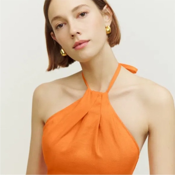 Reformation Dory Linen Dress in Orange Halter Neckline Faux Wrap Mini NWT - Picture 4 of 11